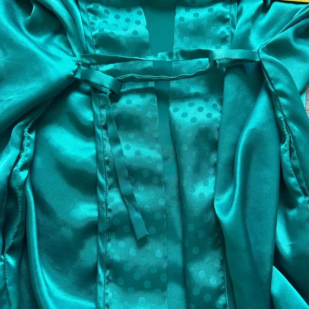 Inner Most Vintage Teal‎ Satin Kimono Robe Polka Dot Trim XS Korea